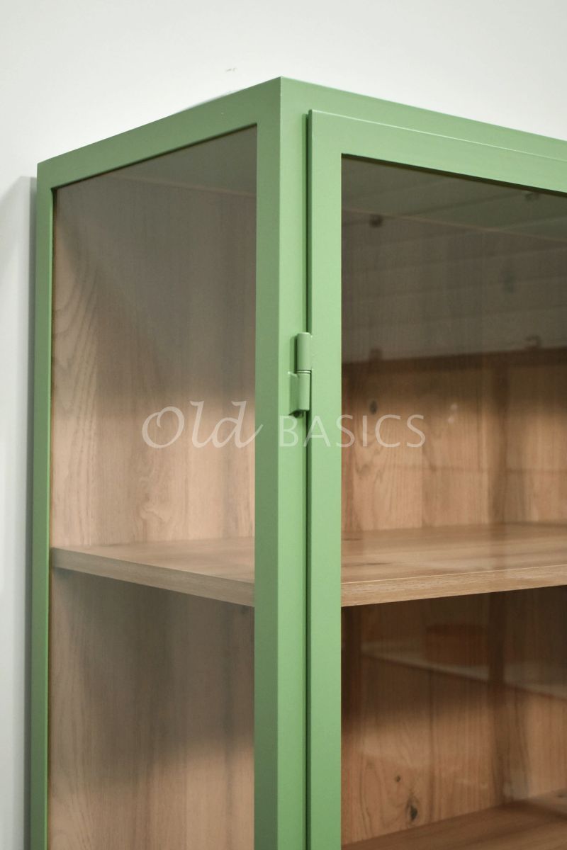 Detail van Apothekerskast Demi  Oak LED, 2 deuren, RAL6021, groen, materiaal staal